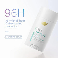 Dove Clinical + Care Antiperspirant Deodorant Stick for Women, 96H Clinical Strength Sweat & Odor Protection, With Nourishing Serum, Soft Sensitive with Fresh Scent, 2.6 oz