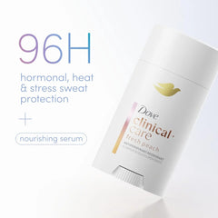 Dove Clinical + Care Antiperspirant Deodorant Stick for Women, 96H Clinical Strength Sweat & Odor Protection, With Nourishing Serum, Fresh Peach with Fruity Scent, 2.6 oz