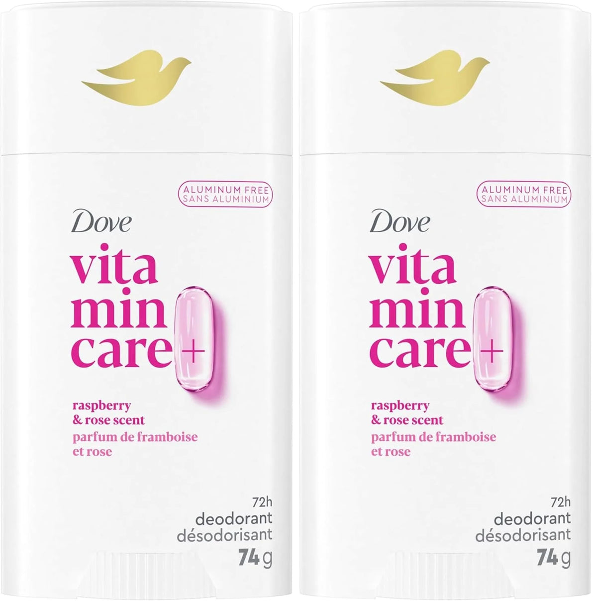 Dove VitaminCare+ Aluminum Free Deodorant Stick for 72H Odor Protection Raspberry & Rose Breathable Deodorant for Women 2.6 oz,(Pack of 2)