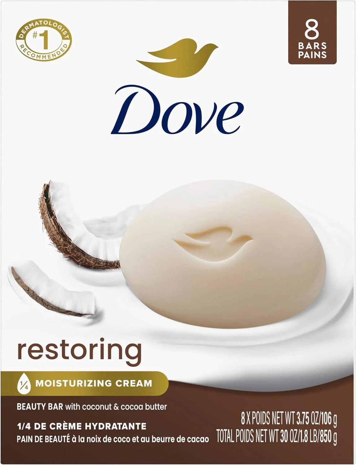 Dove Beauty Bar Soap Restoring Coconut & Cocoa Butter, Bars for Restored Skin, Nourishes Skin 3.75 oz (Pack of 72)