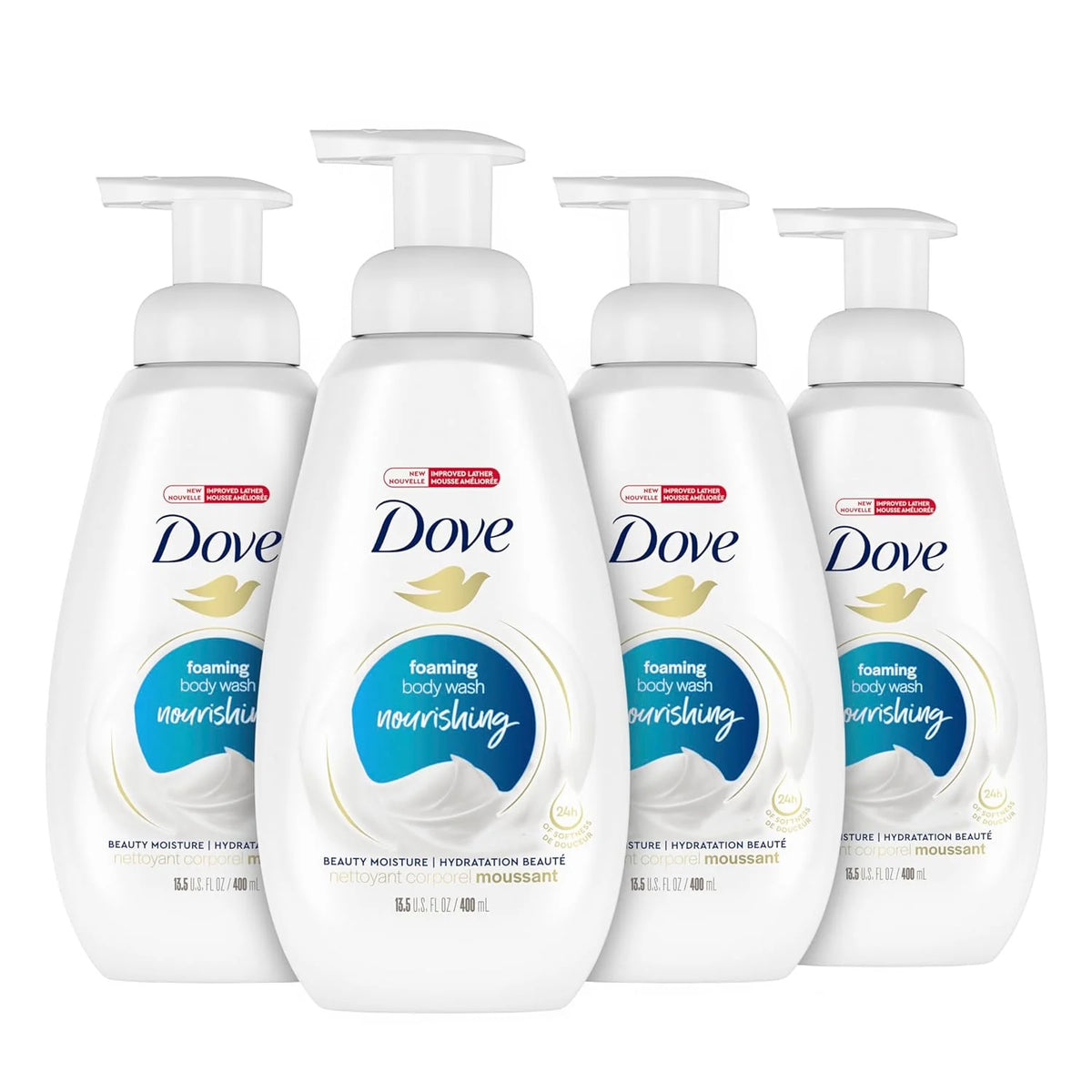 Dove Instant Foaming Body Wash 4 Count for Soft, Smooth Skin Deep Moisture Cleanser That Effectively Washes Away Bacteria While Nourishing Your Skin, White, 13.5 Oz