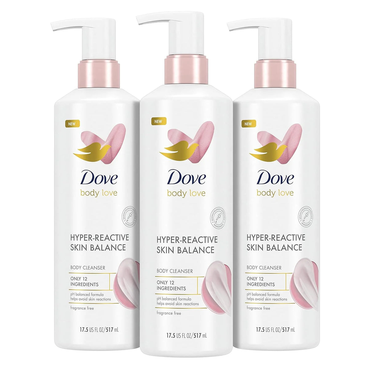 Dove Body Love Body Cleanser Reaction-Prone Skin 3 Count Hyper-Reactive Skin Balance for Ultra-Sensitive Fragrance Free Body Wash with Only 12 Ingredients 17.5 oz