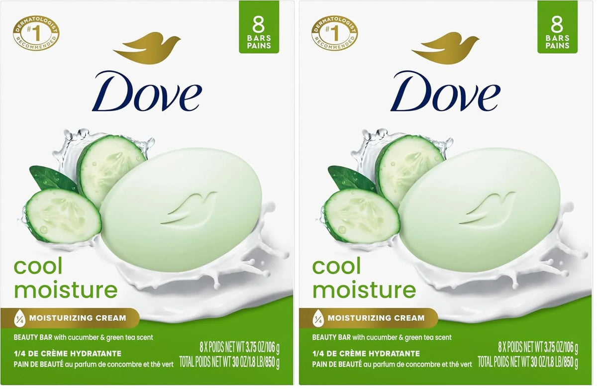 Dove Beauty Bar Soap Cool Moisture Cucumber & Green Tea Scent,for Refreshed Skin,Leaves Skin Refreshed 3.75 oz,(Pack of 16)