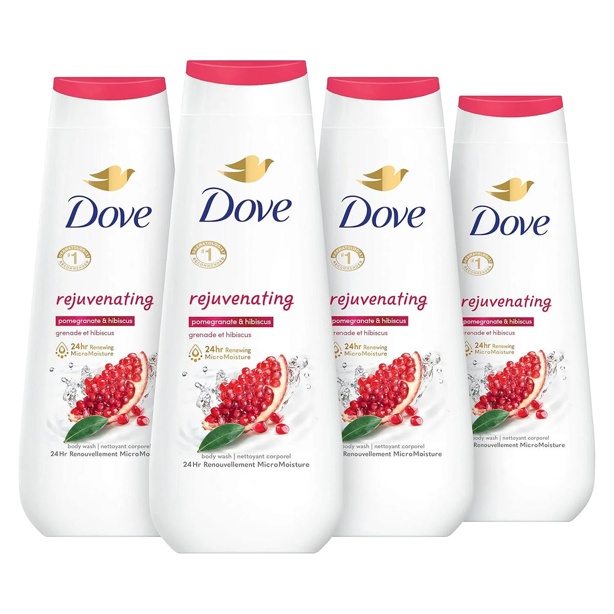 Dove Body Wash Rejuvenating Pomegranate & Hibiscus 4 Count for Renewed, Healthy-Looking Skin Gentle Skin Cleanser with 24hr Renewing MicroMoisture 20 oz