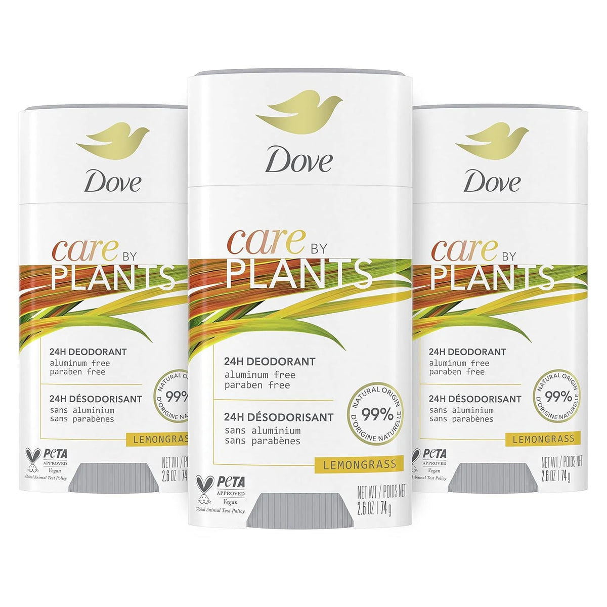 Dove Care by Plants Deodorant Stick for long-lasting deodorant protection Lemongrass aluminum free deodorant 2.6 oz 3 Count