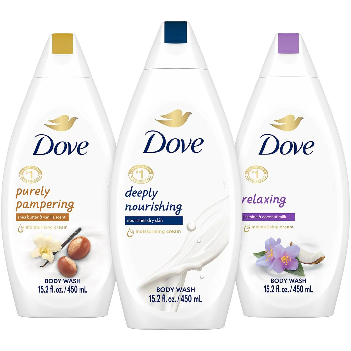 Dove Body Wash Variety 3-Pack – Relaxing Jasmine & Coconut Milk, Pampering Shea Butter & Warm Vanilla, Deeply Nourishing, Plant-Based Moisture for Soft, Smooth Skin, 15.2 Oz Ea