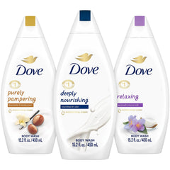 Dove Body Wash Variety 3-Pack – Relaxing Jasmine & Coconut Milk, Pampering Shea Butter & Warm Vanilla, Deeply Nourishing, Plant-Based Moisture for Soft, Smooth Skin, 15.2 Oz Ea