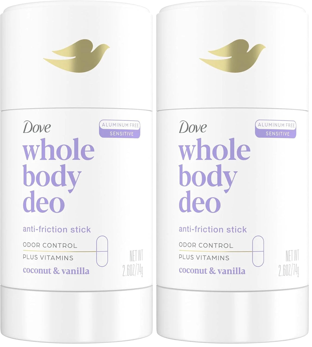 Dove Whole Body Deo Aluminum Free Anti-Friction Deodorant Stick Coconut + Vanilla for All Day Odor Control 2.6 oz,(Pack of 2)