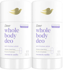 Dove Whole Body Deo Aluminum Free Anti-Friction Deodorant Stick Coconut + Vanilla for All Day Odor Control 2.6 oz,(Pack of 2)