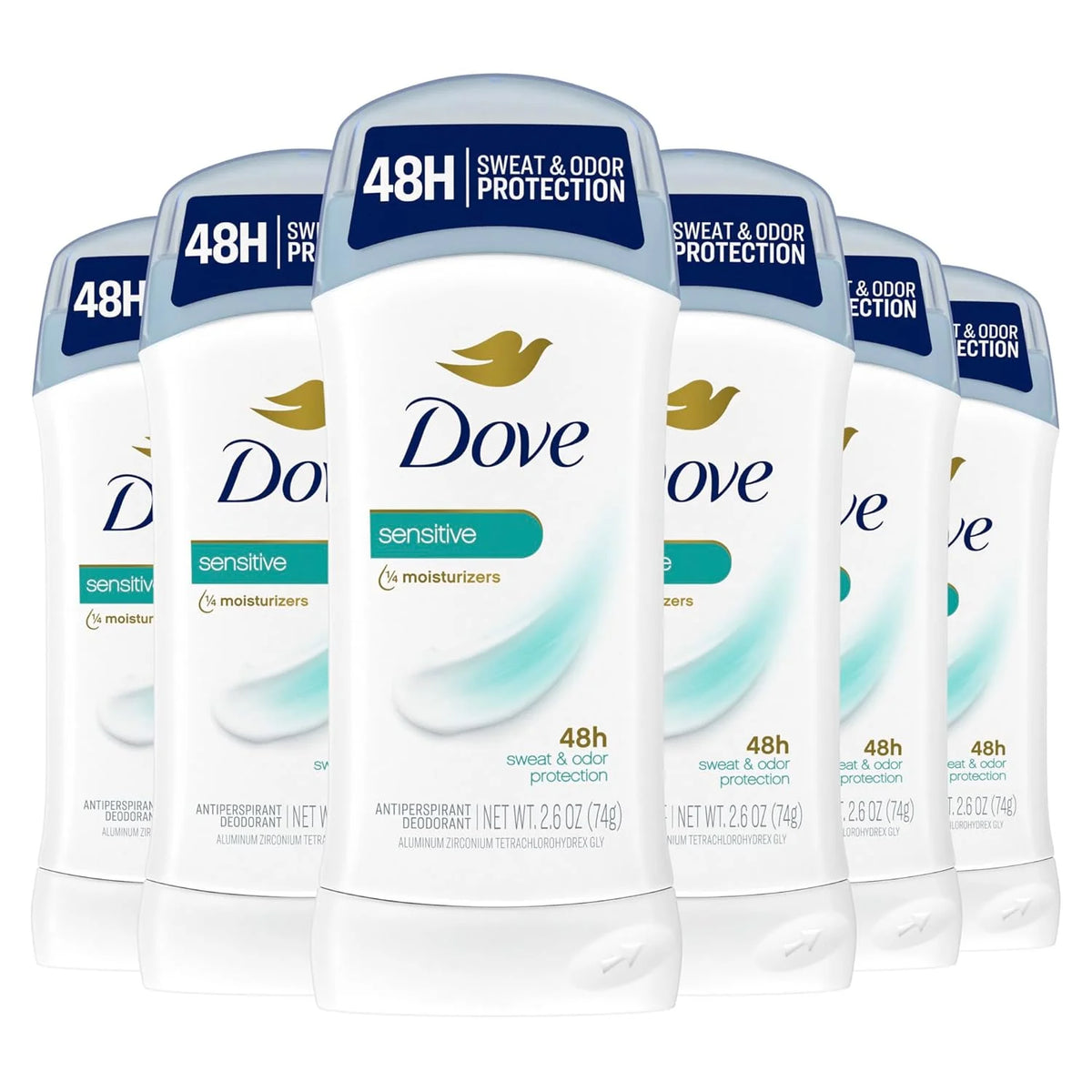 Dove Invisible Solid Antiperspirant Deodorant Stick for Women, 6 Count, Sensitive, for All Day Underarm Sweat & Odor Protection 2.6 oz
