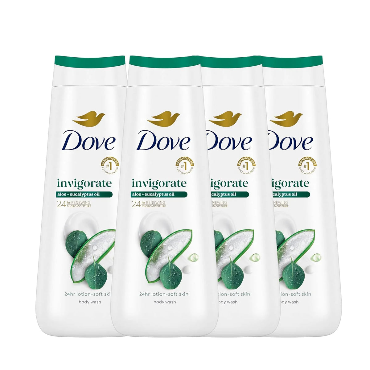 Dove Body Wash with Pump 4 Count Invigorate Aloe & Eucalyptus For 24hr Lotion-Soft Skin Moisturizing Skin Cleanser with No Sulfates No Parabens