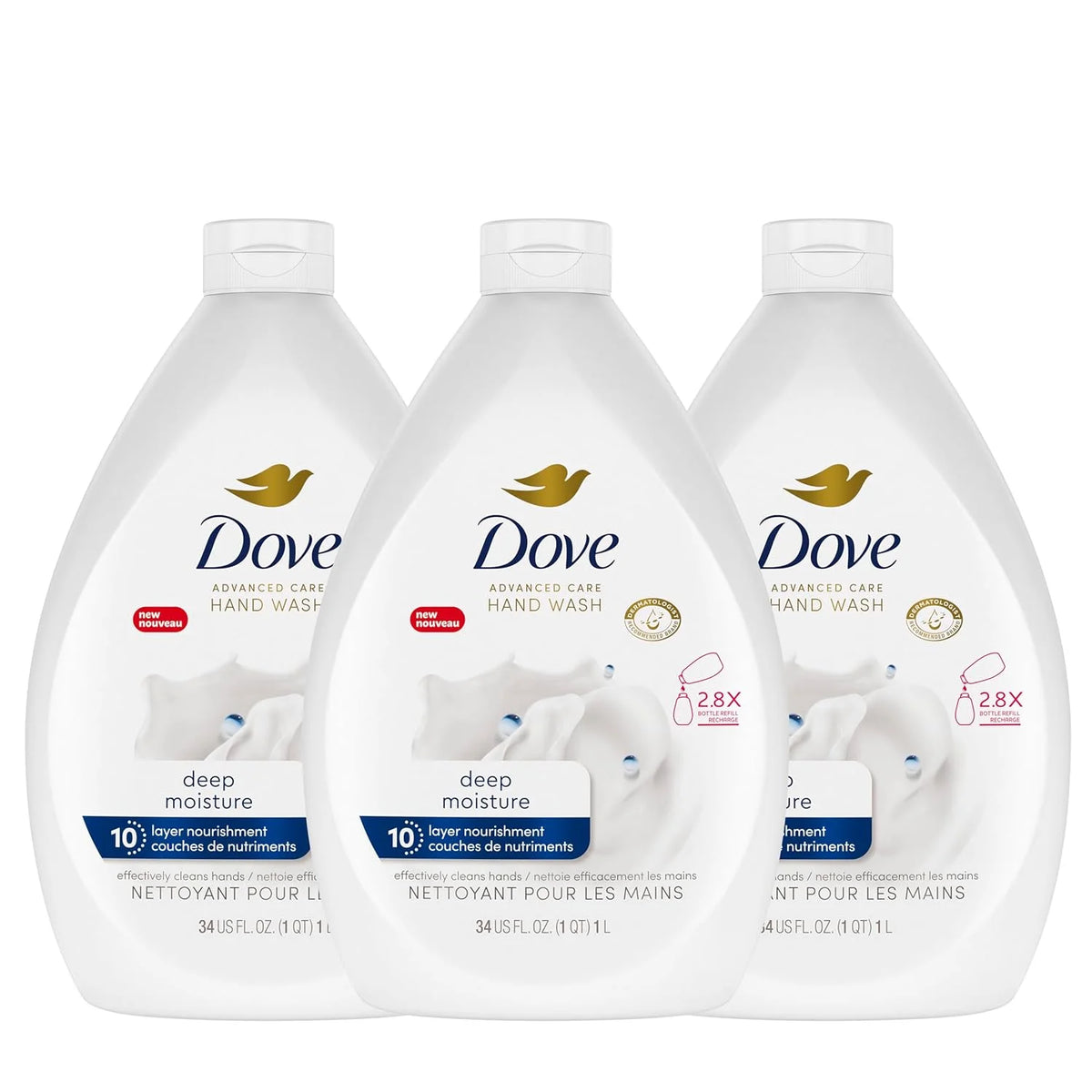 Dove Advanced Care Hand Wash Refill Deep Moisture – Value Size, Pack of 3 (34 oz Refill Bottles) | Moisturizing Liquid Hand Soap for Dry Skin