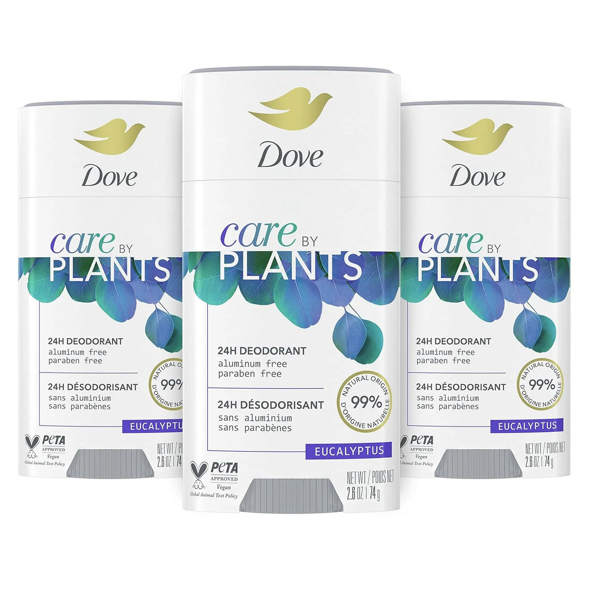 Dove Care by Plants Deodorant Stick for underarm skin care and 24 hour deodorant protection Eucalyptus no aluminum deodorant 2.6 oz 3 Count