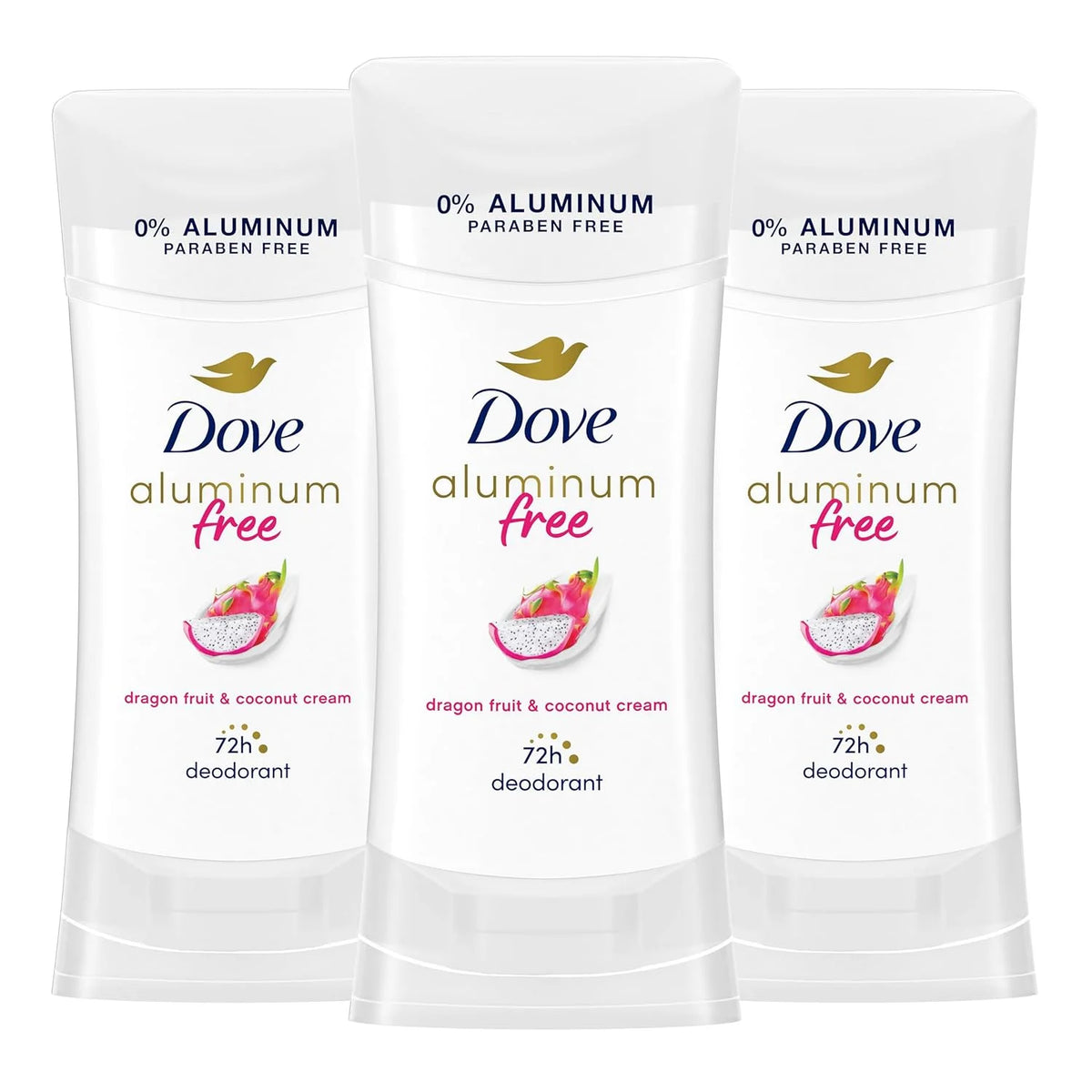 Dove Aluminum Free Deodorant for Women 3 Pack Dragon Fruit & Coconut Cream 72 hour odor protection 2.6oz