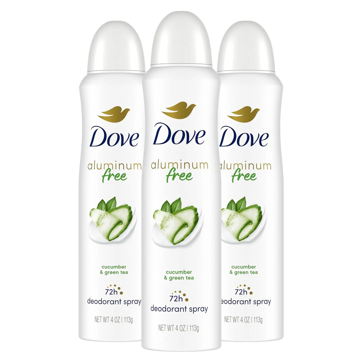Dove Aluminum Free Deodorant Spray for Women 3 Count Cucumber & Green Tea 72 hour odor protection 4 oz
