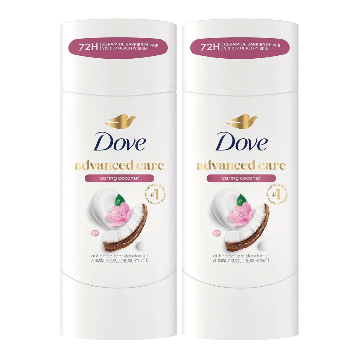 Dove Advanced Care Antiperspirant Caring Coconut, 2 Count Deodorant Stick for Women, for 48 Hour Protection And Soft And Comfortable Underarms, 2.6 oz