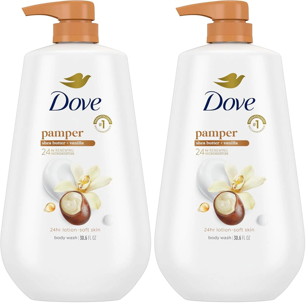 Dove Body Wash with Pump Pamper Shea Butter & Vanilla for 24hr Lotion-Soft Skin Moisturizing Skin Cleanser with No Sulfates No Parabens 30.6 oz (Pack of 2)