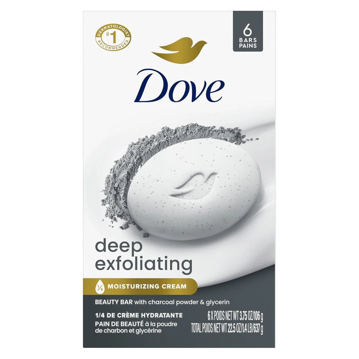 Dove Deep Exfoliating Beauty Bar Soap 6 Count, Charcoal Powder, 3.75 oz I Exfoliating beauty bar with charcoal powder and glycerin for softer, smoother skin