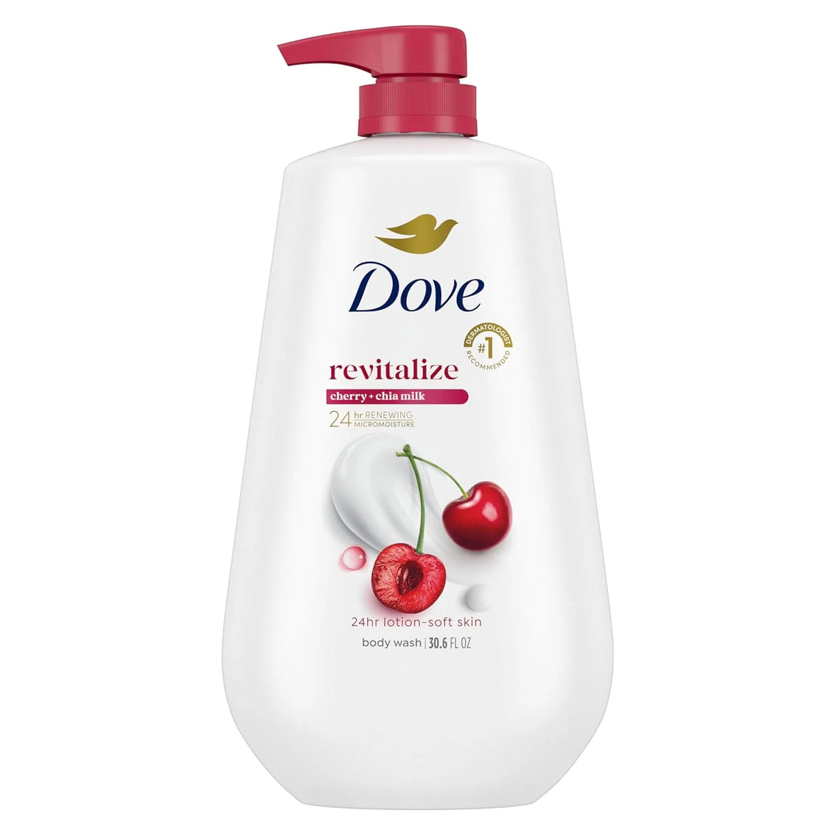 Dove 24hr Lotion Body Wash Revitalizante Cherry & Chia Milk, 30.6 oz | Hydrating body wash with MicroMoisture and a luscious cherry scent