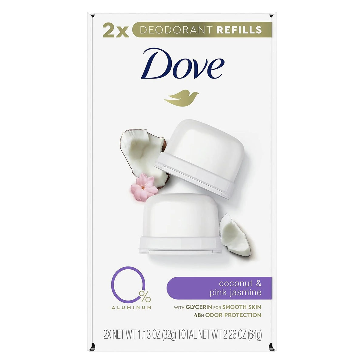Dove Refillable Deodorant Refill Kit Deodorant For Women Coconut & Pink Jasmine 0% Aluminum 1.13 oz 2 Refills