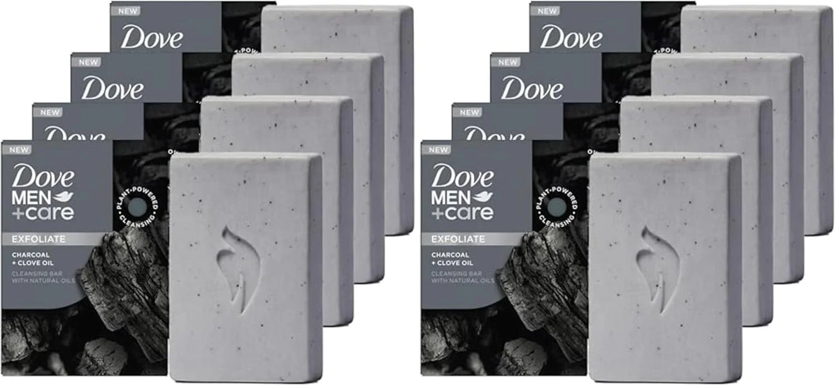 DOVE MEN + CARE Cleansing Bar Soap Charcoal + Clove Oil to Rebuild Skin in the Shower,a 4in1 Hair,Body,Face & Shaving Bar with Plant-Based Cleanser and Natural Oils 5 oz,(Pack of 8)