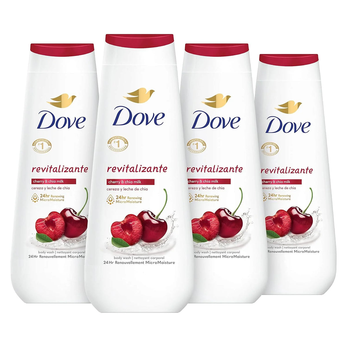 Dove Body Wash Revitalizante Cherry & Chia Milk 4 Count for Renewed, Healthy-Looking Skin Gentle Skin Cleanser with 24hr Renewing MicroMoisture 20 oz