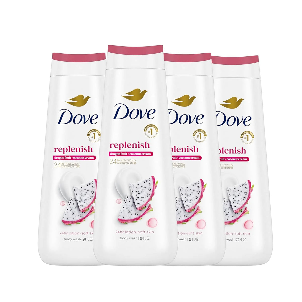 Dove Body Wash 4 Count for 24hr Lotion-Soft Skin Replenish Dragon Fruit and Coconut Cream Moisturizing Skin Cleanser with No Sulfates No Parabens