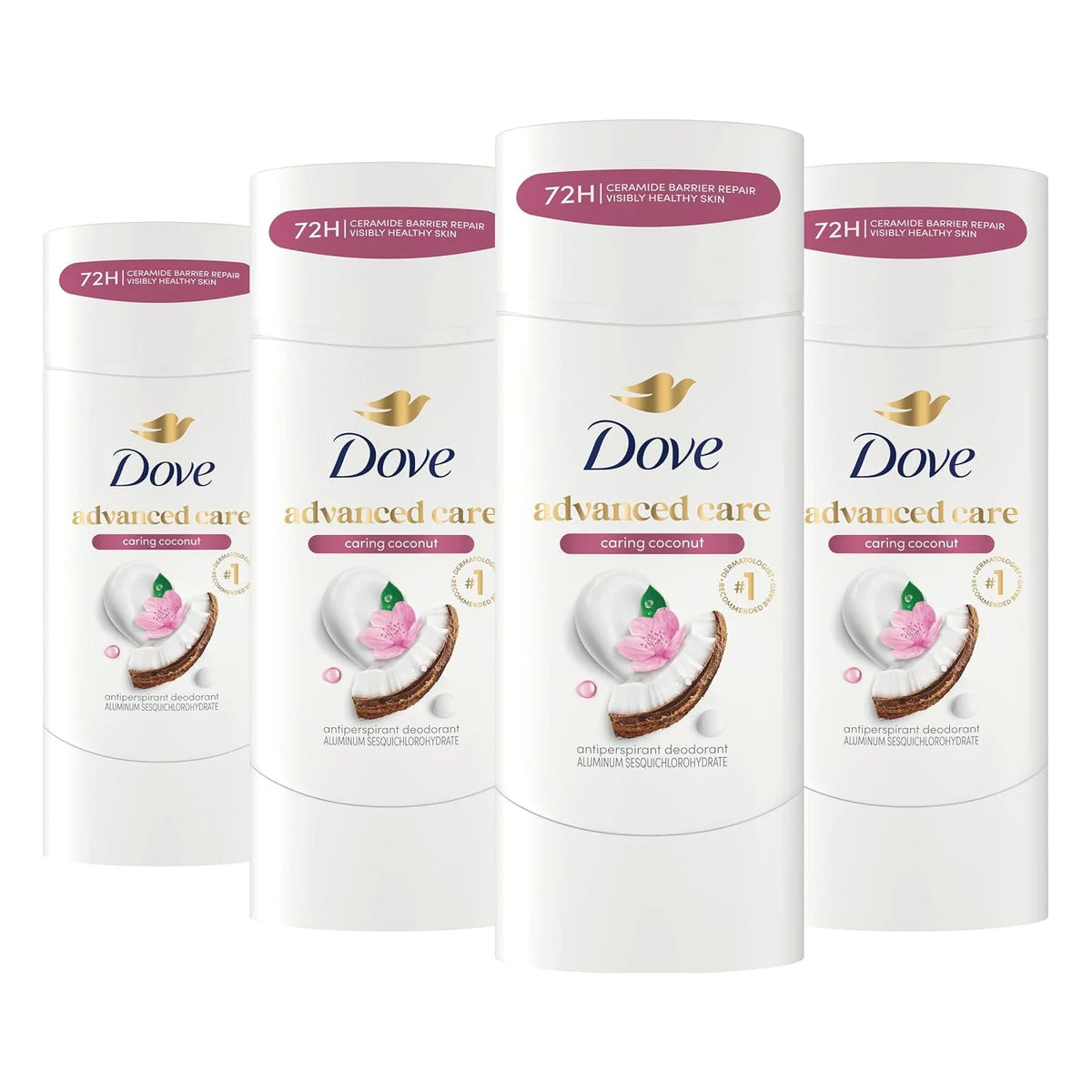 Dove Advanced Care Antiperspirant Deodorant Stick Caring Coconut 4 ct for helping your skin barrier repair after shaving 72-hour odor control and sweat protection with Pro-Ceramide Technology 2.6 oz