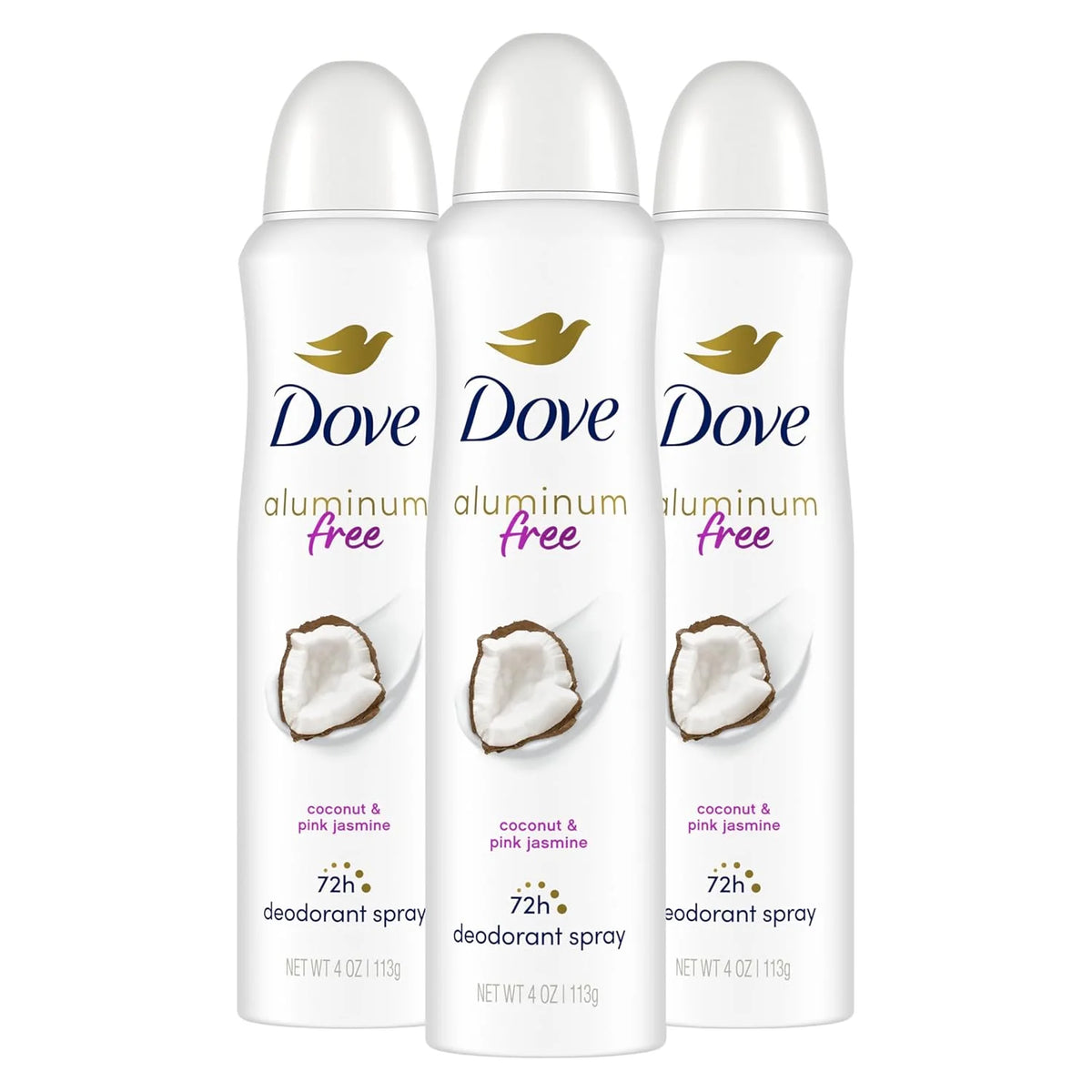 Dove Aluminum Free Deodorant Spray for Women 3 Count Coconut & Pink Jasmine 72 hour odor protection 4oz
