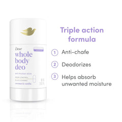 Dove Whole Body Deo Aluminum Free Anti-Friction Deodorant Stick Coconut + Vanilla for All Day Odor Control 2.6 oz,(Pack of 2)