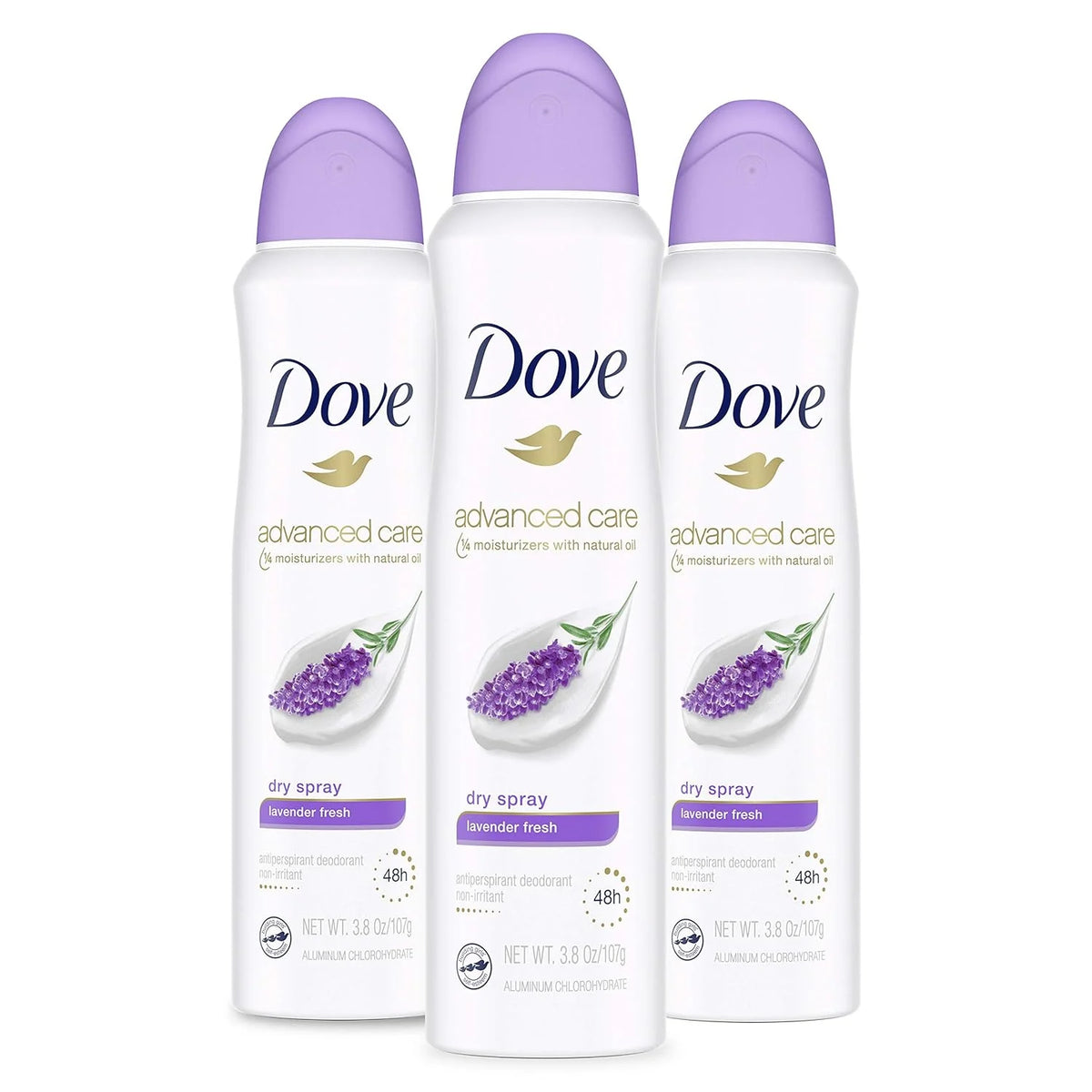 Dove Advanced Care Antiperspirant Deodorant Dry Spray 48 Hours of Sweat and Odor Protection Lavender Fresh Antiperspirant Spray With ¼ Moisturizers and 0% Alcohol, 3.8 Ounce (Pack of 3)