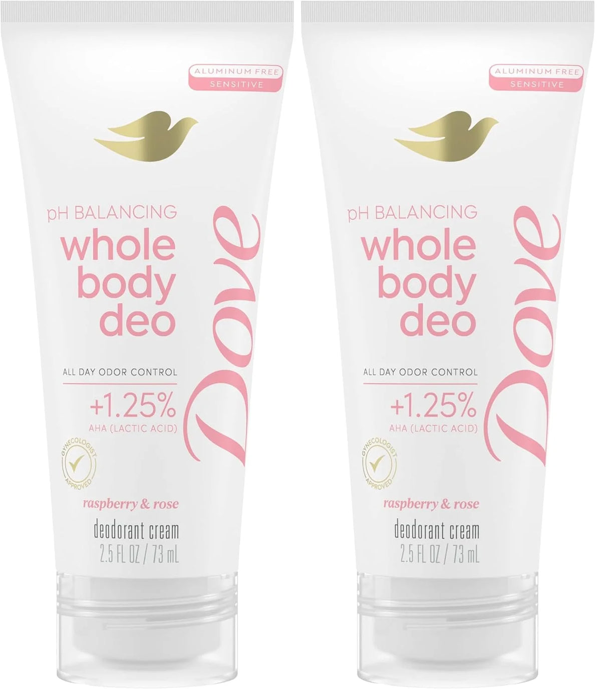 Dove Whole Body Deodorant Aluminum Free pH Balancing Cream Raspberry & Rose for 72h Odor Control 2.5 Oz,(Pack of 2)