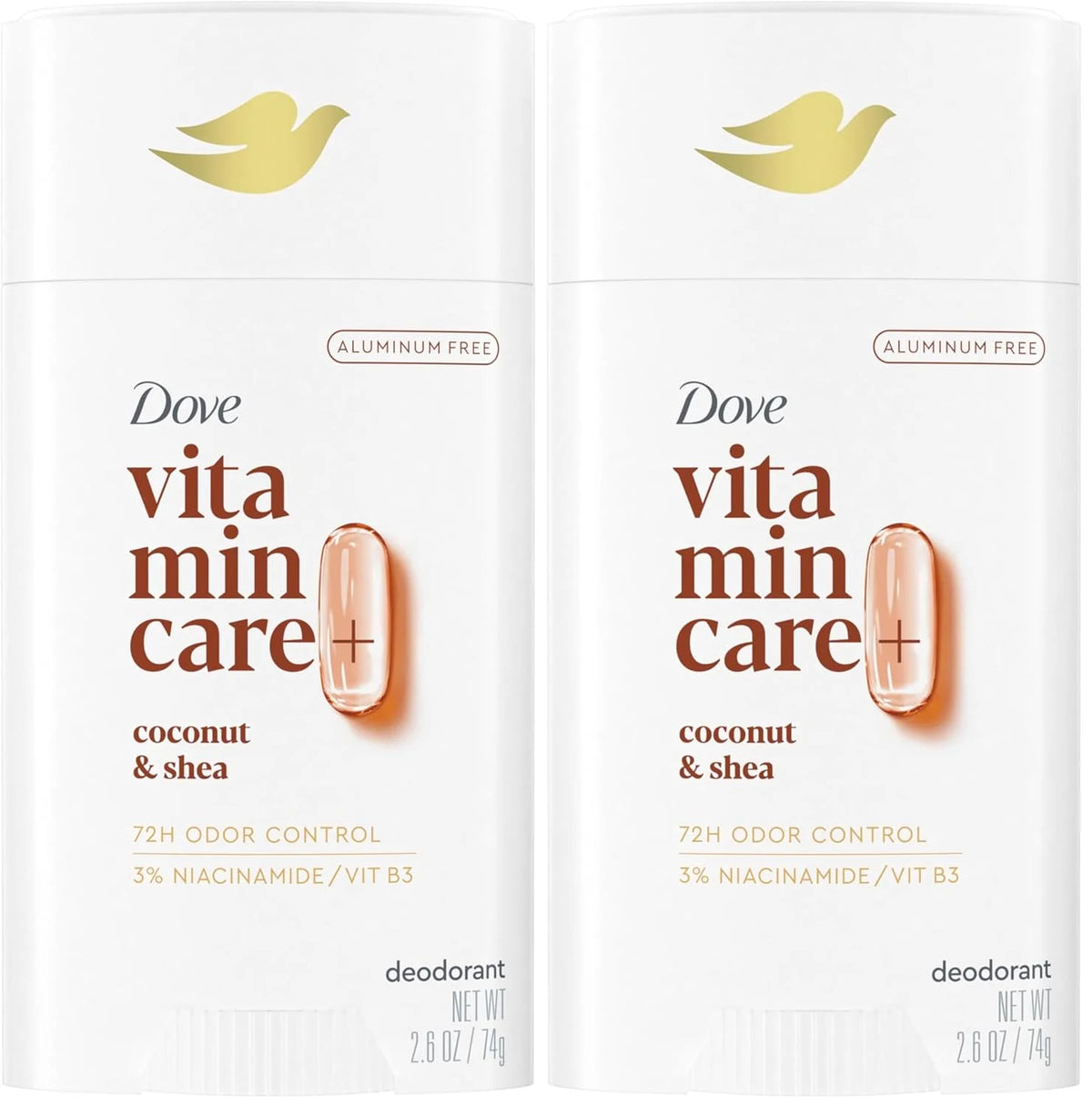 Dove VitaminCare+ Aluminum Free Deodorant Stick for 72H Odor Protection Coconut & Shea Breathable Deodorant for Women 2.6 oz,(Pack of 2)