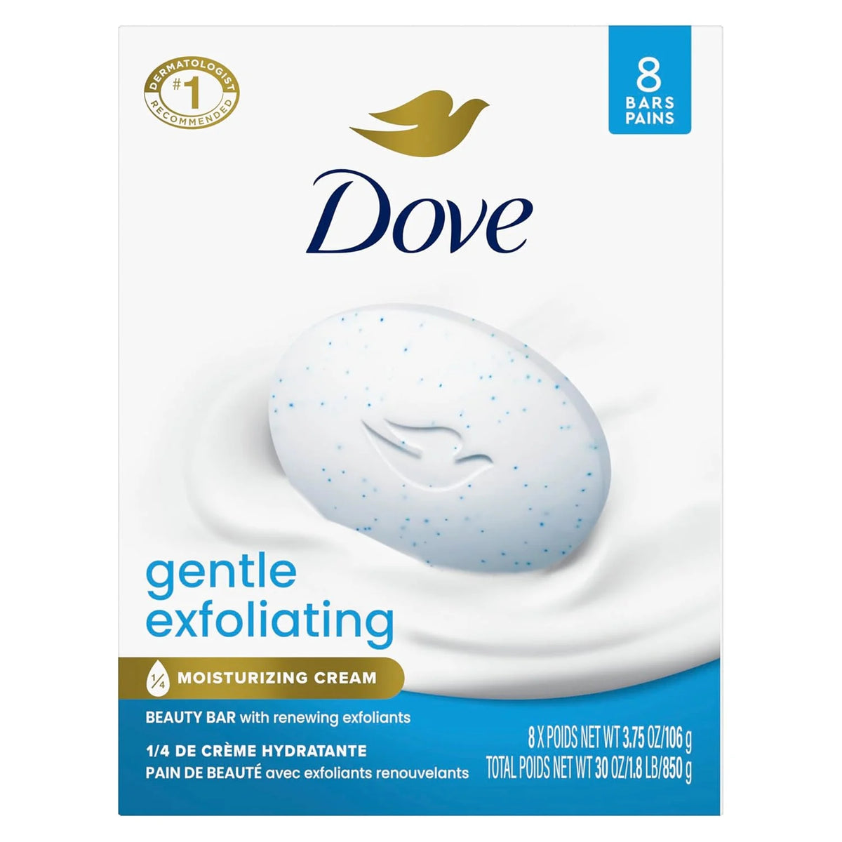 Dove Gentle Exfoliating Beauty Bar Soap 8 Count, Renewing Cleanser, 3.75 oz I Beauty bar with gentle exfoliants and moisturizing cream to renew skin and reveal softer, smoother skin